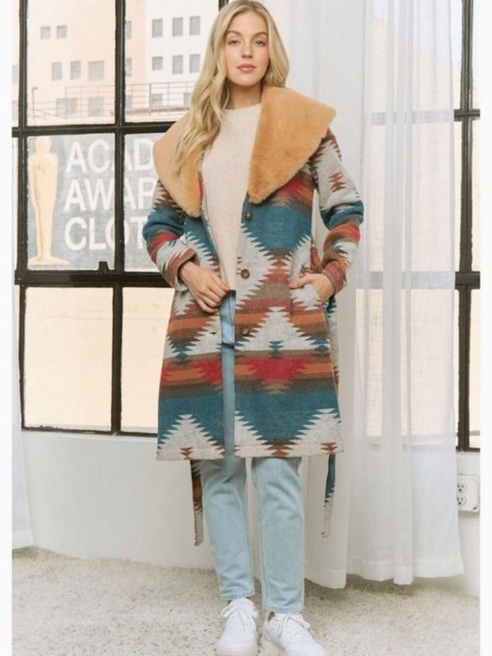 Aztec Jacket Shacket with Contrast Fur Showl Collar - Picture 9 of 13